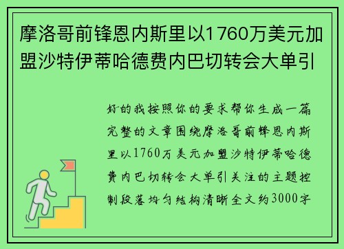 摩洛哥前锋恩内斯里以1760万美元加盟沙特伊蒂哈德费内巴切转会大单引关注 摩洛哥前锋恩内斯里以1760万美元加盟沙特伊蒂哈德费内巴切转会大单引关注