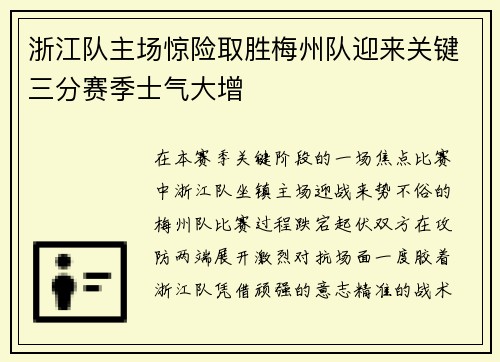 浙江队主场惊险取胜梅州队迎来关键三分赛季士气大增 浙江队主场惊险取胜梅州队迎来关键三分赛季士气大增